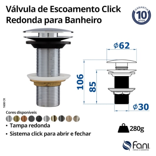 Válvula De Escoamento Redonda Para Lavatório Com Click 1608 Preto Fosco Fani  - Imagem principal - 32bbf003-ac6c-4496-8844-1ec9bce40e9e