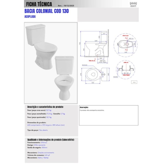 Vaso Para Caixa Acoplada Colonial  Branco Hervy - Imagem principal - cf80735b-a972-4901-a9b7-d44951f8643d