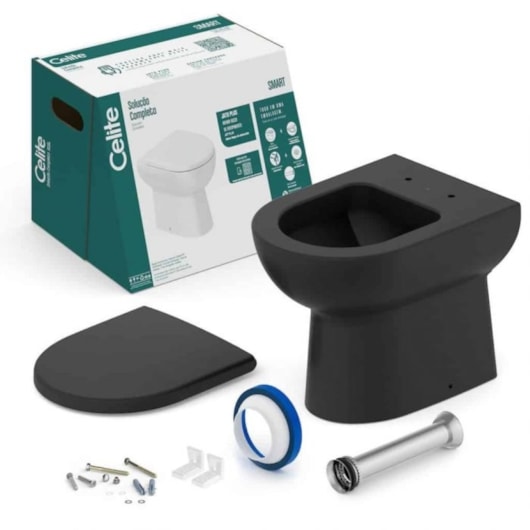 Vaso Sanitário Convencional Com Acessórios De Instalação E Assento Sanitário Termofixo Smart Mate Black Celite - Imagem principal - d79f2647-c69d-431e-abd0-71f1ce850961