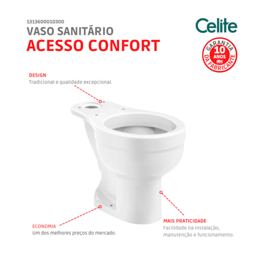 Vaso Sanitário De Acessibilidade Para Caixa Acoplada Sem Abertura Frontal Acesso Confort Celite - Imagem principal - 73f7ccb3-fdf9-4416-b3f6-e525d759b428